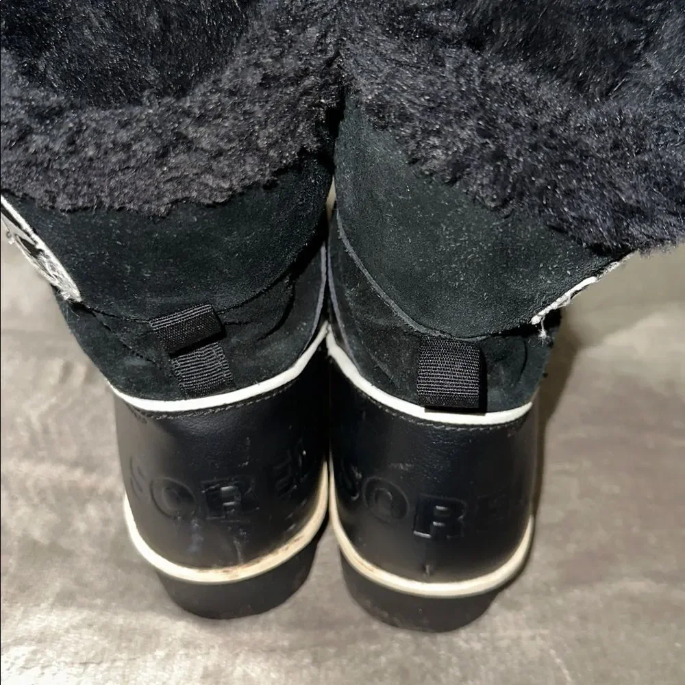 SOREL 7.5 Women’s Black White Trim Leather Suede Tivoli II Faux Fur Ankle Boots